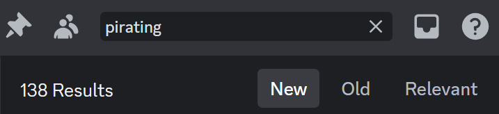 Number of search results for the keyword, 'pirating' within the server: 138 results.
