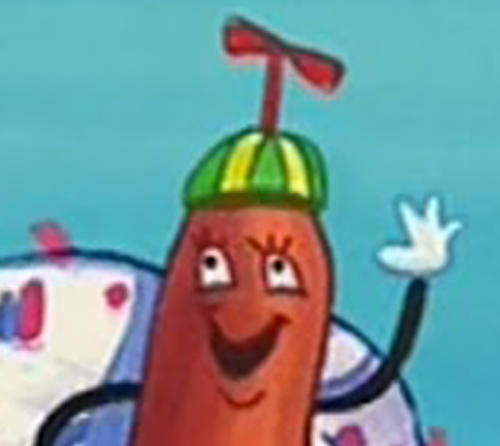 A jolly cartoon hotdog wearing a green hat and a red propeller, greeting with a hand-wave